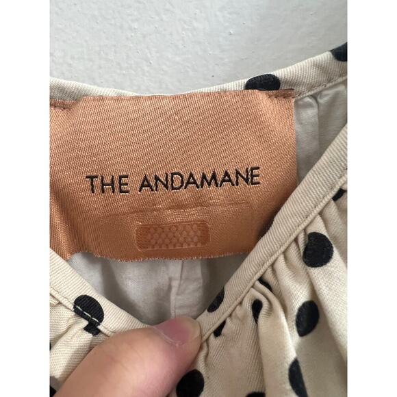 Andamane Bubble Hem Tie Shoulder Mini Dress Black & Cream Polka Dot, size M - Picture 4 of 9